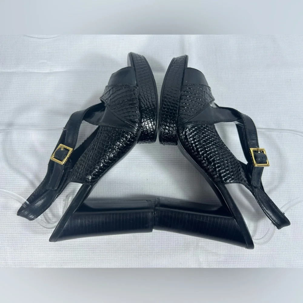 7224: Tory Burch Black Embossed Leather Slingback Platform Sandals Size 9M
